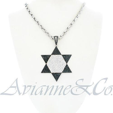 White 14K White Solid Gold Mens Custom Diamond Star of David Pendant with Black Diamonds